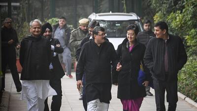 Congress and AAP leaders after the meeting in New Delhi on Monday (Raj K Raj/HT Photo) Congress and AAP leaders after the meeting in New Delhi on Monday (Raj K Raj/HT Photo)