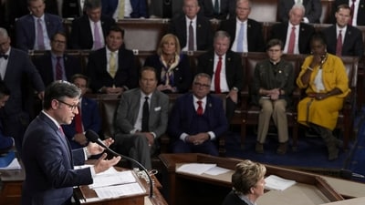 House Speaker-elect Rep. Mike Johnson, R-La., addresses members of Congress at the Capitol in Washington, Oct. 25, 2023 (AP Photo/J. Scott Applewhite, File) (AP)