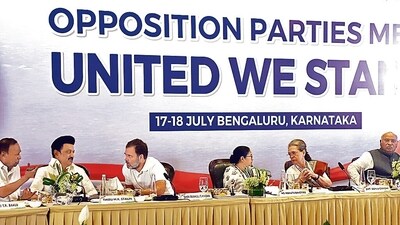 FILE - India's opposition leaders, from left, T.R.Baalu, M.K Stalin, Rahul Gandhi, Mamata Banerjee, Sonia Gandhi and Mallikarajun Kharge, attend a meeting of opposition parties where they announced their alliance named INDIA in Bengaluru, India, July 18, 2023. (AP) FILE - India's opposition leaders, from left, T.R.Baalu, M.K Stalin, Rahul Gandhi, Mamata Banerjee, Sonia Gandhi and Mallikarajun Kharge, attend a meeting of opposition parties where they announced their alliance named INDIA in Bengaluru, India, July 18, 2023. (AP)