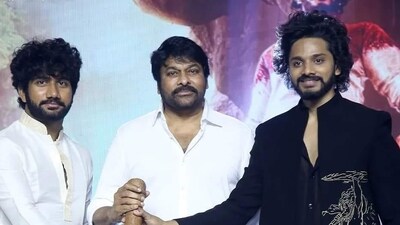 Chiranjeevi along with Team HanuMan at the event. Chiranjeevi along with Team HanuMan at the event.