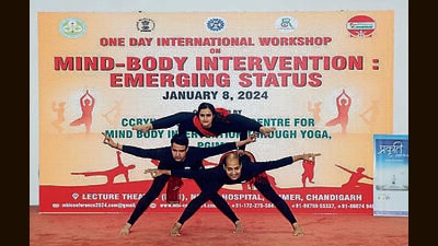 Health professionals during the mind-body intervention workshop organised by the Yoga Centre of PGIMER, Chandigarh. (HT Photo)