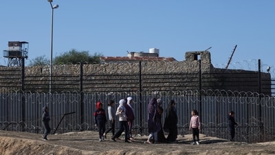 Israel-Hamas War: Displaced Palestinians, who fled their houses due to Israeli strikes, walk as they seek shelter at the border with Egypt, in Rafah in the southern Gaza Strip. (Reuters)