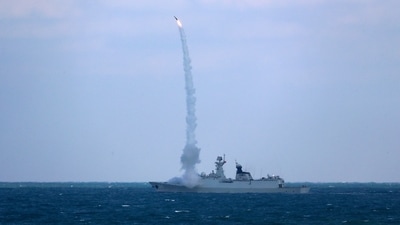 Chinese naval frigate Binzhou takes part in a joint naval drills. (AP)