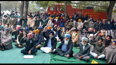 Milk suppliers protesting against Verka and Milkfed in Mohali on Monday. (Keshav Singh/HT)