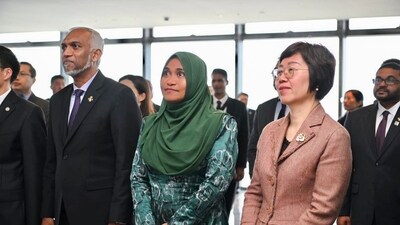 Maldives president Mohamed Muizzu with first lady Sajidha Mohamed visits the Xiamen Free Trade Zone, in Fujian province, China. (PTI) Maldives president Mohamed Muizzu with first lady Sajidha Mohamed visits the Xiamen Free Trade Zone, in Fujian province, China. (PTI)