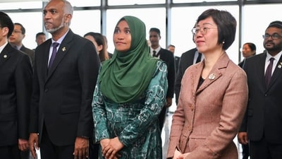 Maldives President Mohamed Muizzu and First Lady Sajidha Mohamed on Monday arrived in China on a five-day State visit.&nbsp; (PTI)