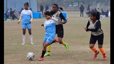 Players in action during a football match during National School Games in Ludhiana on Monday. (Manish/HT Photo) Players in action during a football match during National School Games in Ludhiana on Monday. (Manish/HT Photo)