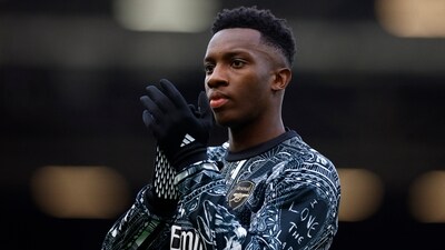 Arsenal's Eddie Nketiah during the warm up before the match. (Action Images via Reuters)