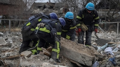 Russia-Ukraine War: Rescuers work at the site of a Russian missile strike in an area in the village of Rivne near the Pokrovsk town, amid Russia's attack on Ukraine, in Donetsk. (Reuters)
