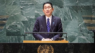 Japan's prime minister Fumio Kishida addresses the 78th Session of the UN General Assembly in New York City. (Reuters)