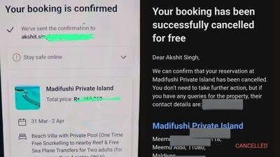 Screenshots shared by X user show a successful booking and cancellation of a stay in the Maldives. (X/@IndianSinghh) Screenshots shared by X user show a successful booking and cancellation of a stay in the Maldives. (X/@IndianSinghh)