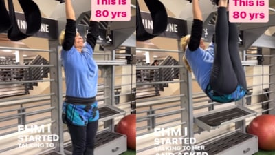 80-year-old woman doing hanging leg raise. (Instagram/@ Laura Somers) 80-year-old woman doing hanging leg raise. (Instagram/@ Laura Somers)