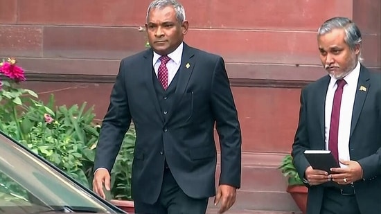 Ibrahim Shaheeb, Maldives Envoy exits the MEA at South Block, in New Delhi on Monday. (ANI )