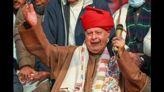 ational Conference chief Farooq Abdullah addresses the media at Baran village in Jammu on Monday. (PTI)