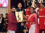 President Droupadi Murmu confers the Arjuna Award, 2023 to Mohammad Shami for his achievements in Cricket at Rashtrapati Bhavan, in New Delhi on Tuesday
