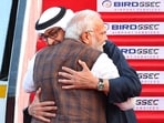 Prime Minister Narendra Modi welcomes President of UAE Mohamed bin Zayed Al Nahyan at Ahmedabad airport on Tuesday. (PTI)
