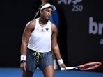 USA's Sloane Stephens reacts during her women's singles match against Belgium's Elise Mertens 