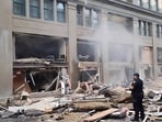 A view of damage and debris as first responders react to an explosion at the Sandman Hotel in downtown Fort Worth, Texas, U.S. January 8, 2024 in this screen grab obtained from social media video. Jordan Bass/via REUTERS