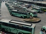 Buses parked at a depot during a transport strike in Chennai. Buses parked at a depot during a transport strike in Chennai.