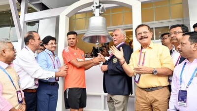 BCCI President Roger Binny along with India's head coach Rahul Dravid ring the bell at Eden Gardens (ANI) BCCI President Roger Binny along with India's head coach Rahul Dravid ring the bell at Eden Gardens (ANI)