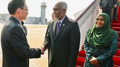 Maldives President Mohamed Muizzu and First Lady Sajidha Mohamed arrived in China on Monday for a five-day state visit. The visit occurs amid a diplomatic dispute with India. (The President's Office, Maldives) Maldives President Mohamed Muizzu and First Lady Sajidha Mohamed arrived in China on Monday for a five-day state visit. The visit occurs amid a diplomatic dispute with India. (The President's Office, Maldives)