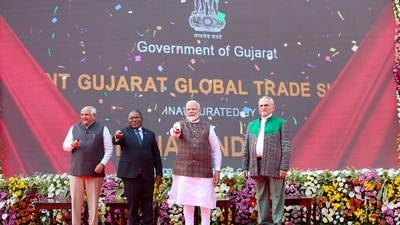 PM Modi inaugurated the Vibrant Gujarat Global Trade Show in Gandhinagar on Tuesday, accompanied by Timor-Leste President José Ramos-Horta, Mozambique President Filipe Jacinto Nyusi, and Gujarat CM Bhupendra Patel. (X/Narendra Modi) PM Modi inaugurated the Vibrant Gujarat Global Trade Show in Gandhinagar on Tuesday, accompanied by Timor-Leste President José Ramos-Horta, Mozambique President Filipe Jacinto Nyusi, and Gujarat CM Bhupendra Patel. (X/Narendra Modi)