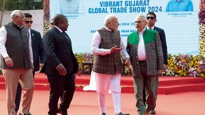 PM Modi attended the Vibrant Gujarat Global Trade Show in Gandhinagar on Tuesday, alongside Timor-Leste President José Ramos-Horta, Mozambique President Filipe Jacinto Nyusi, and Gujarat CM Bhupendra Patel. (X/Narendra Modi) PM Modi attended the Vibrant Gujarat Global Trade Show in Gandhinagar on Tuesday, alongside Timor-Leste President José Ramos-Horta, Mozambique President Filipe Jacinto Nyusi, and Gujarat CM Bhupendra Patel. (X/Narendra Modi)