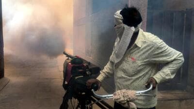 An MCD worker fumigates IP Extension neighbourhood due to a rise in dengue cases in November. (ANI) An MCD worker fumigates IP Extension neighbourhood due to a rise in dengue cases in November. (ANI)