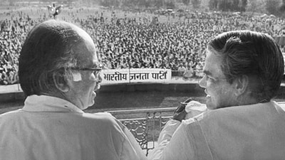 Atal Bihari Vajpayee and LK Advani at the newly formed BJP rally at Ramlila Maidan on April 6, 1980. (Ajit Kumar/HT Archive) Atal Bihari Vajpayee and LK Advani at the newly formed BJP rally at Ramlila Maidan on April 6, 1980. (Ajit Kumar/HT Archive)