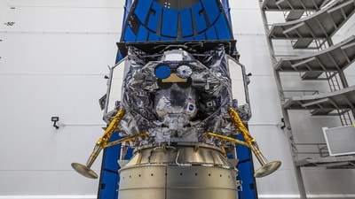 (FILES) This image released by NASA shows Astrobotic's Peregrine lunar lander being encapsulated in the payload fairing, or nose cone, of United Launch Alliance's Vulcan rocket on November 21, 2023, at Astrotech Space Operations Facility near the agency's Kennedy Space Center in Florida. (AFP) (FILES) This image released by NASA shows Astrobotic's Peregrine lunar lander being encapsulated in the payload fairing, or nose cone, of United Launch Alliance's Vulcan rocket on November 21, 2023, at Astrotech Space Operations Facility near the agency's Kennedy Space Center in Florida. (AFP)