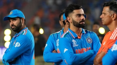 India's captain Rohit Sharma stands during the award ceremony with his teammates after the ICC Men's Cricket World Cup final (AP) India's captain Rohit Sharma stands during the award ceremony with his teammates after the ICC Men's Cricket World Cup final (AP)