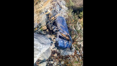 Mangled remains of a car after it met with an accident in Shimla on Tuesday. Four passengers died in the accident. (ANI) Mangled remains of a car after it met with an accident in Shimla on Tuesday. Four passengers died in the accident. (ANI)