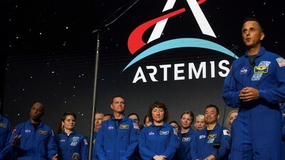 NASA Astronaut Joseph M. Acaba speaks at a NASA event during which the crew of the Artemis II space mission to the moon in April 2023. (Reuters)