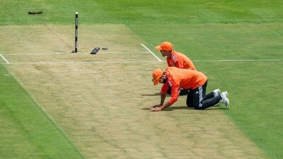 Ravindra Jadeja inspects the pitch during a practice session before the second Test (PTI) Ravindra Jadeja inspects the pitch during a practice session before the second Test (PTI)