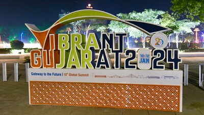 A model of the Vibrant Gujarat Global Summit 2024 placed at a roadside ahead of the summit, in Gandhinagar (PTI) (PTI) A model of the Vibrant Gujarat Global Summit 2024 placed at a roadside ahead of the summit, in Gandhinagar (PTI) (PTI)