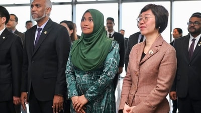 Maldives President Mohamed Muizzu with First Lady Sajidha Mohamed visits the Xiamen Free Trade Zone in Fujian province, China on Monday (PTI) Maldives President Mohamed Muizzu with First Lady Sajidha Mohamed visits the Xiamen Free Trade Zone in Fujian province, China on Monday (PTI)