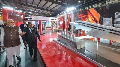 Modi was seen with Mozambique President Filipe Nyusi at the Vibrant Gujarat Global Trade Show in Gandhinagar on Tuesday. Earlier, the prime minister inaugurated the expansive exhibition, spanning 2 lakh square metres across multiple halls at the Helipad Ground Exhibition Centre. (PTI) Modi was seen with Mozambique President Filipe Nyusi at the Vibrant Gujarat Global Trade Show in Gandhinagar on Tuesday. Earlier, the prime minister inaugurated the expansive exhibition, spanning 2 lakh square metres across multiple halls at the Helipad Ground Exhibition Centre. (PTI)
