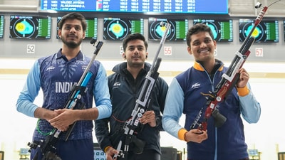 Indian shooters Rudrankksh Patil (right), Aishwary Pratap Singh Tomar (centre) and Divyansh Singh Panwar pose for photos (PTI) Indian shooters Rudrankksh Patil (right), Aishwary Pratap Singh Tomar (centre) and Divyansh Singh Panwar pose for photos (PTI)