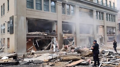 A view of damage and debris as first responders react to an explosion at the Sandman Hotel in downtown Fort Worth, Texas, U.S. January 8, 2024 in this screen grab obtained from social media video. Jordan Bass/via REUTERS (Jordan Bass via REUTERS)