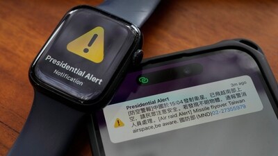 A phone and watch that received an air raid alert is placed together for a photo in New Taipei City, Taiwan Tuesday, Jan. 9. (AP)
