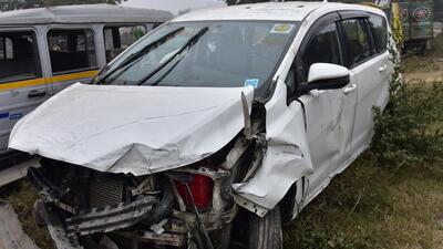 The mangled remains of the Toyota Innova that was involved in a crash in Vasundhara late Sunday night. (Sakib Ali /HT Photo) The mangled remains of the Toyota Innova that was involved in a crash in Vasundhara late Sunday night. (Sakib Ali /HT Photo)