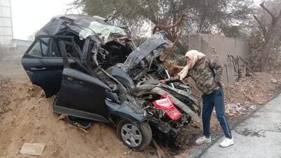 The mangled remains of the car in which the two inspectors were travelling when the accident occurred near Kundli border in Sonepat district on Monday night. (HT Photo)