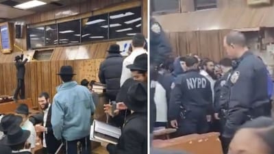 Chaos broke out at a synagogue in Brooklyn on Monday, January 8, after Orthodox Jewish men tried to stop construction workers who had come to fill in a tunnel that was illegally dug (@FrumTikTok/Instagram screenshots) Chaos broke out at a synagogue in Brooklyn on Monday, January 8, after Orthodox Jewish men tried to stop construction workers who had come to fill in a tunnel that was illegally dug (@FrumTikTok/Instagram screenshots)