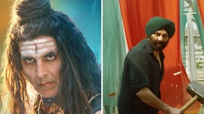 Akshay Kumar in a still from OMG 2 and Sunny Deol in a still from Gadar 2. Akshay Kumar in a still from OMG 2 and Sunny Deol in a still from Gadar 2.