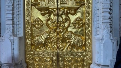 As many as 13 golden doors, including the large size gate of the sanctum sanctorum, would be installed in the Ram Temple within the next three days. (Pankaj Jaiswal/ Hindustan Times) As many as 13 golden doors, including the large size gate of the sanctum sanctorum, would be installed in the Ram Temple within the next three days. (Pankaj Jaiswal/ Hindustan Times)