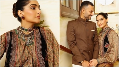 Sonam captioned her post, "The most dapper date...I married a perfect gentleman." The actor wore a saree, silk blouse, and an embroidered waistcoat for the photoshoot. The ensemble is from the shelves of designer Ritu Kumar's eponymous label. It is the perfect sartorial pick for the wedding season in winter. You can uniquely layer the drape like Sonam did and be the star of the party. (Instagram) Sonam captioned her post, "The most dapper date...I married a perfect gentleman." The actor wore a saree, silk blouse, and an embroidered waistcoat for the photoshoot. The ensemble is from the shelves of designer Ritu Kumar's eponymous label. It is the perfect sartorial pick for the wedding season in winter. You can uniquely layer the drape like Sonam did and be the star of the party. (Instagram)