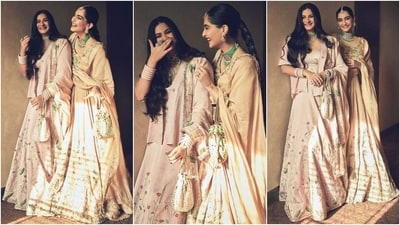 Sonam accessorised the outfit with Kolhapuri sandals and gold and emerald jewellery, including a choker necklace, bangles, bracelets, jhumkis, rings, and a mang tika. In the end, she chose centre-parted braided hairdo, kohl-lined eyes, smoky eye shadow, feathered brows, mauve lip shade, blushed cheekbones, and highlighter on the contours for the glam picks. (Instagram) Sonam accessorised the outfit with Kolhapuri sandals and gold and emerald jewellery, including a choker necklace, bangles, bracelets, jhumkis, rings, and a mang tika. In the end, she chose centre-parted braided hairdo, kohl-lined eyes, smoky eye shadow, feathered brows, mauve lip shade, blushed cheekbones, and highlighter on the contours for the glam picks. (Instagram)
