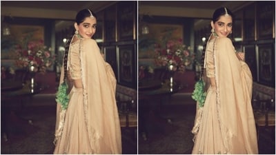 Sonam wore a beige silk lehenga set decked in gold gota patti embroidery and floral kadhai in green, white and pink hues. While the choli has a round neckline, half-length sleeves, and a fitted bust, the skirt has flowy layered ghera and dori ties. Lastly, the actor draped the dupatta on her shoulders to complete the traditional look. (Instagram) Sonam wore a beige silk lehenga set decked in gold gota patti embroidery and floral kadhai in green, white and pink hues. While the choli has a round neckline, half-length sleeves, and a fitted bust, the skirt has flowy layered ghera and dori ties. Lastly, the actor draped the dupatta on her shoulders to complete the traditional look. (Instagram)