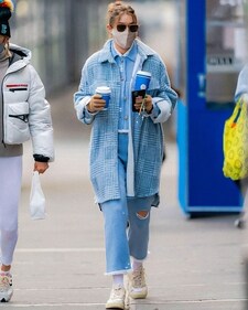Gigi Hadid in a long checkered baby blue shacket and soft denim look (Photo: Instagram) Gigi Hadid in a long checkered baby blue shacket and soft denim look (Photo: Instagram)
