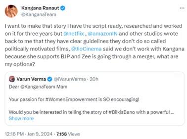 Kangana Ranaut was asked is she would 'tell story of Bilkis Bano with powerful movie'. Here's how she responded. Kangana Ranaut was asked is she would 'tell story of Bilkis Bano with powerful movie'. Here's how she responded.
